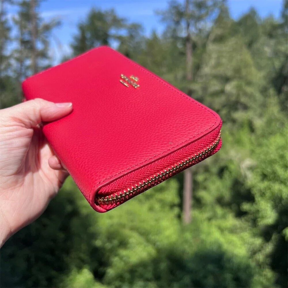 COACH Long Zip-Around Wallet Pebble Leather RED with Gold Hardware AUTHENTIC